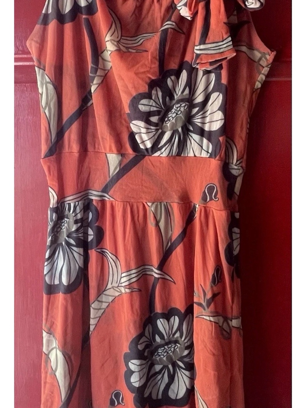 Sweet Pea Rust Orange Floral Midi Dress with Cream & Black Blooms
